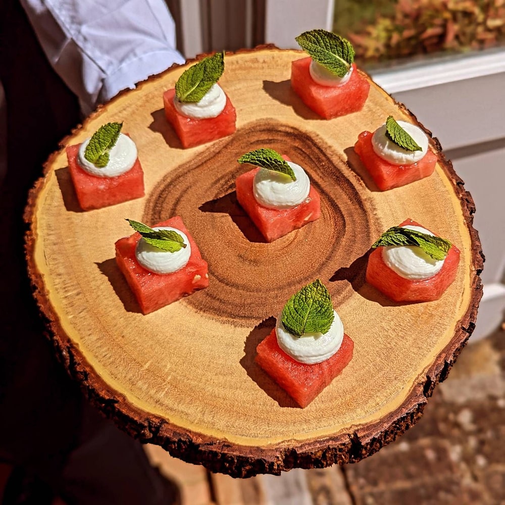 compressed watermelon canapes, goat cheese mousse, mint