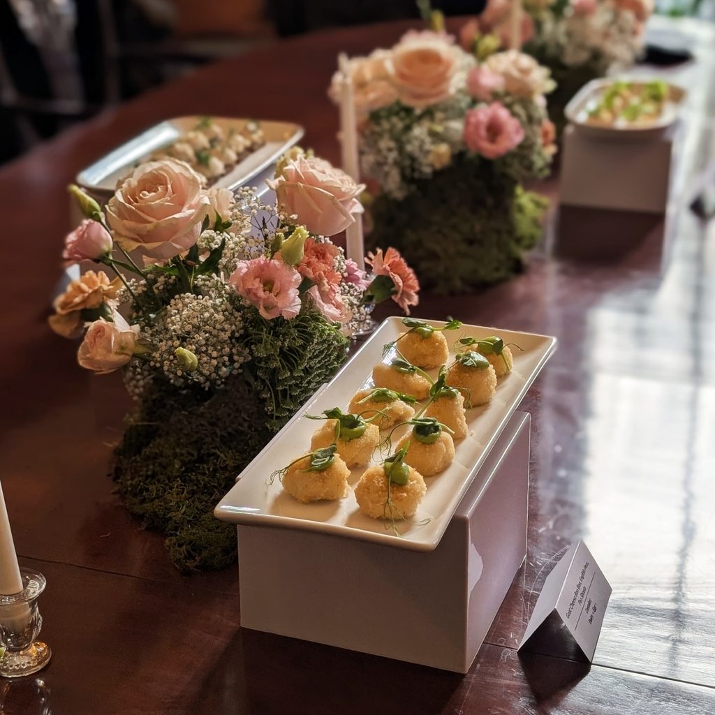 Vegetarian and meat canapés displayed for an event in London